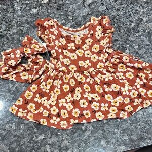 Brown Floral Little Sleepies Dress w/ onesie, matching bow!